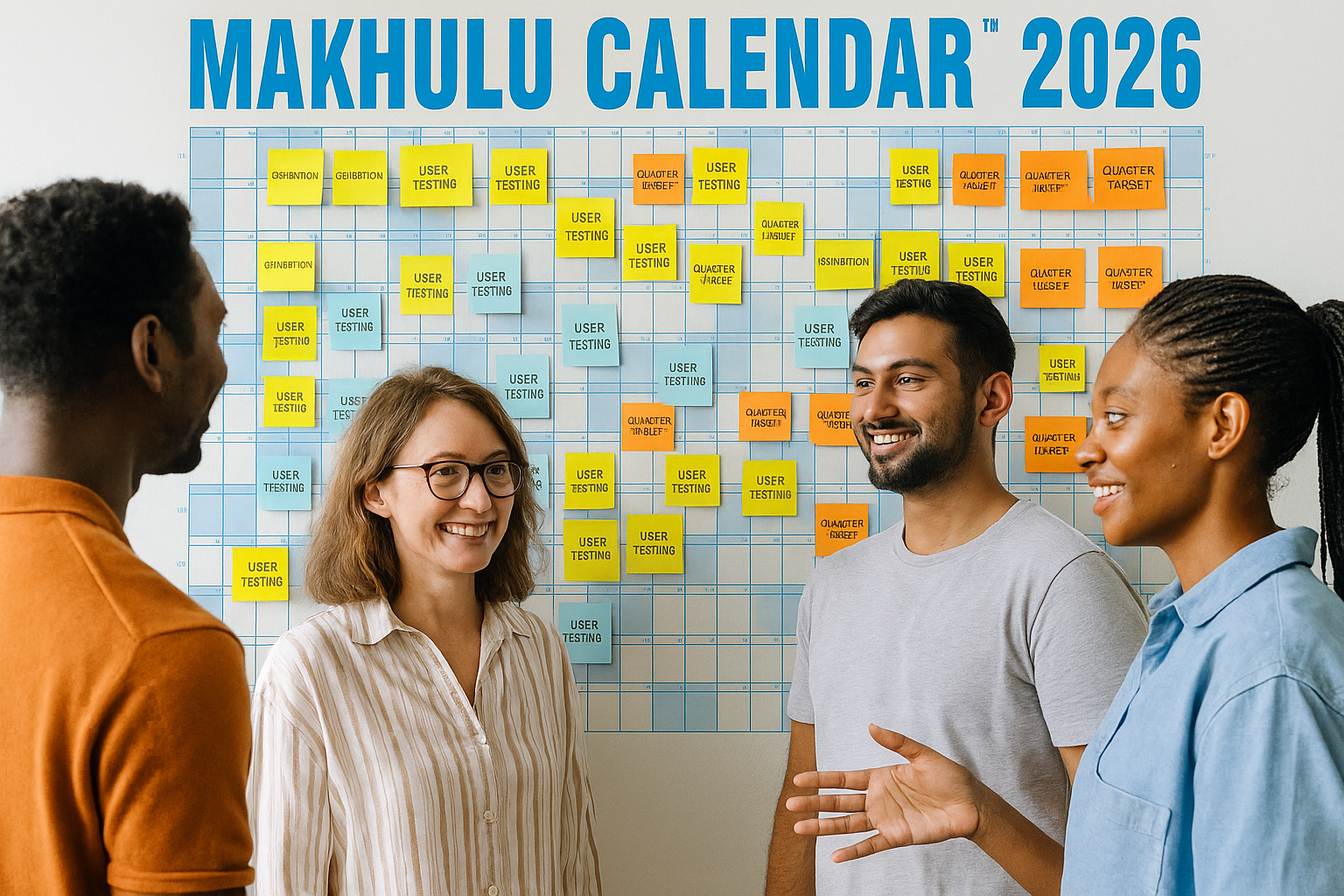 Startup team collaborating with Makhulu Calendar using colorful sticky notes